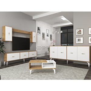 Zeuss 180 Cm Tv Üni̇tesi̇, Konsol(kx180) Ve Orta Sehpa Salon Takimi Safirmeşe-Beyaz Beyaz-Safirmeşe