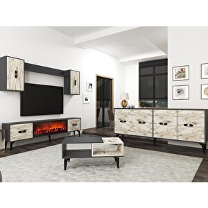 Flyy 180 Cm Şömi̇neli̇(b) Tv Üni̇tesi̇, Konsol(kx180) Ve Orta Sehpa Salon Takimi Antrasit-Efesmermer Efes Mermer