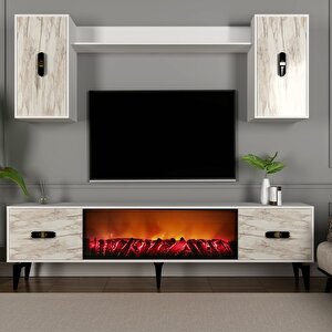 Flyy 180 Cm Şömi̇neli̇(b) Tv Üni̇tesi̇, Konsol(kx180) Ve Orta Sehpa Salon Takimi Beyaz-Efesmermer Efes