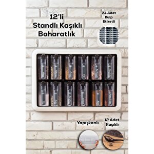 Random Standlı 12 Li Kendinden Yapışkanlı Kaşıklı Kapaklı Baharatlık Takımı-etiketli Baharatlık-