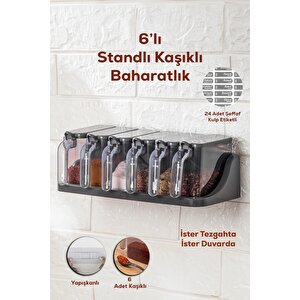 6 Lı Standlı Kendinden Yapışkanlı Kapaklı Kaşıklı Baharatlık Takımı -etiketli Baharatlık