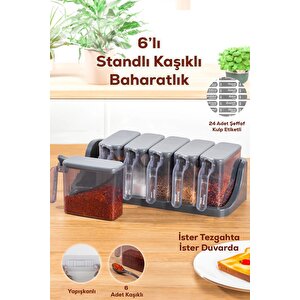 6 Lı Standlı Kendinden Yapışkanlı Kapaklı Kaşıklı Baharatlık Takımı -etiketli Baharatlık