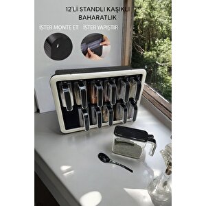 Standlı 12li Kendinden Yapışkanlı Kaşıklı Etiketli Kapaklı Baharatlık Takımı