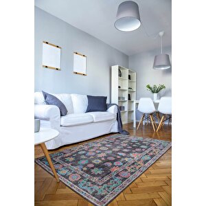 Etnik Kilim Desenli Halı, Dokuma Taban Dekoratif Şönil Siyah Halı Soul Al 146 210x210 cm