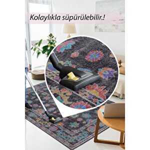 Etnik Kilim Desenli Halı, Dokuma Taban Dekoratif Şönil Siyah Halı Soul Al 146