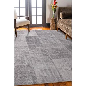 Folk Patchwork Desenli Dokuma Taban Dekoratif Gri Halı (ba 36) 75x300 cm
