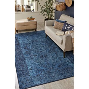 Folk Eskitme Desenli Dokuma Taban Dekoratif Mavi Halı (ba 44) 150x150 cm