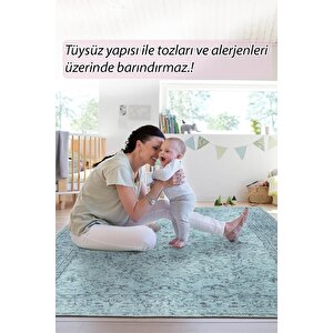 Folk Eskitme Desenli Dokuma Taban Dekoratif Turkuaz Halı (ba 23)