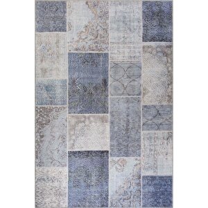 Patchwork Desenli Salon Halısı, Dokuma Taban Dekoratif Şönil Gri Halı Jazz Al 83 115x160 cm