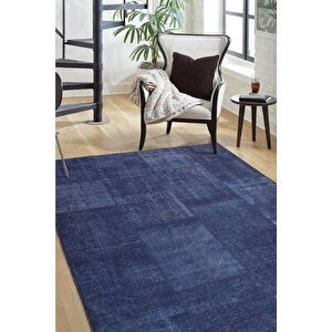 Patchwork Desenli Salon Halısı, Dokuma Taban Dekoratif Şönil Lacivert Halı Jazz Al 63 250x350 cm