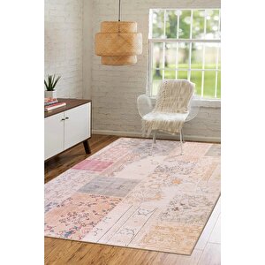 Folk Patchwork Desenli Dokuma Taban Dekoratif Bej Halı (ba 16) 75x230 cm