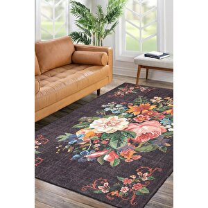 Etnik Karabağ Kilim Desenli Halı, Dokuma Taban Dekoratif Şönil Siyah Halı Soul Al 322 100x100 cm