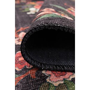 Etnik Karabağ Kilim Desenli Halı, Dokuma Taban Dekoratif Şönil Siyah Halı Soul Al 322