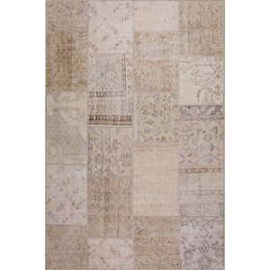 Patchwork Desenli Salon Halısı, Dokuma Taban Dekoratif Şönil Bej Halı Jazz Al 15 75x150 cm