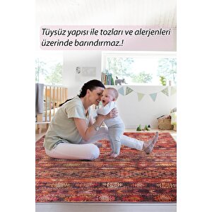 Etnik Kilim Desenli Halı, Dokuma Taban Dekoratif Şönil Kırmızı Halı Soul Al 215