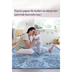 Folk Vintage Desenli Dokuma Taban Dekoratif Mavi Halı (ba 04)