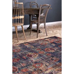 Etnik Kilim Desenli Halı, Dokuma Taban Dekoratif Şönil Lacivert Halı Soul Al 111 75x230 cm