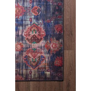 Etnik Kilim Desenli Halı, Dokuma Taban Dekoratif Şönil Lacivert Halı Soul Al 111 75x230 cm