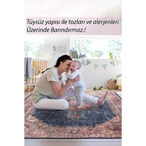 Blues Şönil Vintage Desenli Dokuma Taban Dekoratif Lacivert Mutfak, Salon Halısı (al 26)