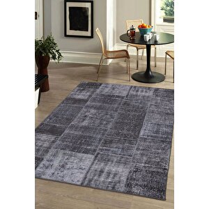 Patchwork Desenli Salon Halısı, Dokuma Taban Dekoratif Şönil Siyah Halı Jazz Al 81 210x310 cm