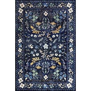 Fuga Yumuşak Dokulu Lacivert Çiçekli Modern Desenli Halı Ka 05 80x300 cm