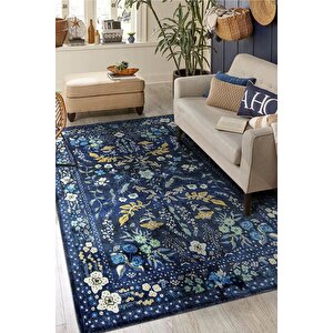 Fuga Yumuşak Dokulu Lacivert Çiçekli Modern Desenli Halı Ka 05 80x300 cm