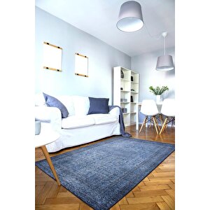 Eskitme Desenli Halı, Dokuma Taban Dekoratif Şönil Lacivert Halı Dorian Al 138