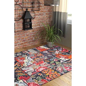 Patchwork Karabağ Desenli Salon Halısı, Dokuma Taban Dekoratif Şönil Siyah Halı Jazz Al 153 210x310 cm