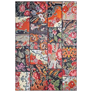 Patchwork Karabağ Desenli Salon Halısı, Dokuma Taban Dekoratif Şönil Siyah Halı Jazz Al 153 150x230 cm