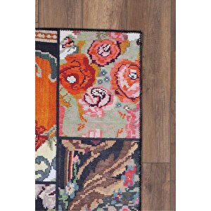 Patchwork Karabağ Desenli Salon Halısı, Dokuma Taban Dekoratif Şönil Siyah Halı Jazz Al 153 75x300 cm