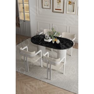 Pruva Bohem Ayak 4'lü Tokyo Metal Demonte Sandalye 80x140 Masa Sandalye Takımı Siyah Mermer