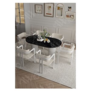 Anfora Bohem Ayak 6'lı Tokyo Metal Demonte Sandalye 80x160 Masa Sandalye Takımı Siyah Mermer