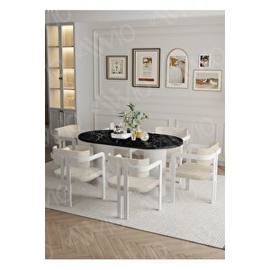 Anfora Bohem Ayak 6'lı Tokyo Metal Demonte Sandalye 80x160 Masa Sandalye Takımı Siyah Mermer