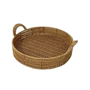 Dekoratif Dayanıklı Çok Amaçlı Rattan Yuvarlak  Tepsi Büyük Boy (l)