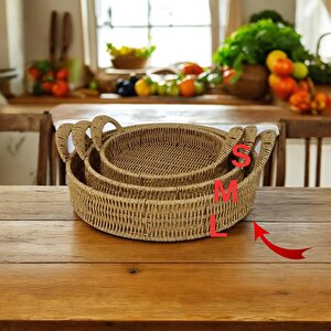 Mien Dekoratif Dayanıklı Çok Amaçlı Rattan Yuvarlak  Tepsi Büyük Boy (l)