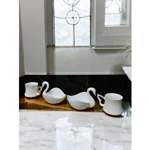 Kuğu Tasarımlı Porselen Türk Kahvesi Fincanı Ve Tabak Seti - 2 Fincan, 2 Kuğu Tabak