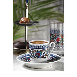 Topkapı Çini Desenli 6 Kişilik Porselen Türk Kahvesi Fincan Takımı - 12 Parça