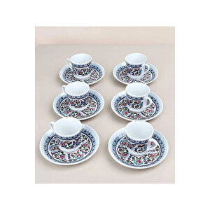Topkapı Çini Desenli 6 Kişilik Porselen Türk Kahvesi Fincan Takımı - 12 Parça