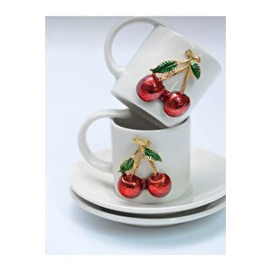 2 Kişilik Kirazlı Fincan Takımı 4 Parça Fincan Seti Kiraz Figürlü Türk Kahvesi Fincanı