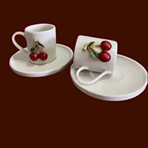 2 Kişilik Kirazlı Fincan Takımı 4 Parça Fincan Seti Kiraz Figürlü Türk Kahvesi Fincanı