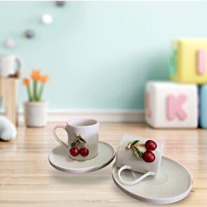 2 Kişilik Kirazlı Fincan Takımı 4 Parça Fincan Seti Kiraz Figürlü Türk Kahvesi Fincanı