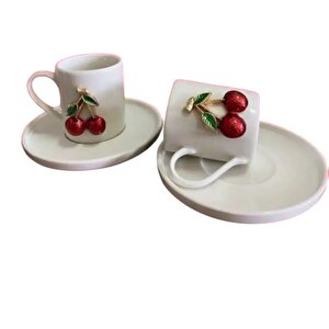 2 Kişilik Kirazlı Fincan Takımı 4 Parça Fincan Seti Kiraz Figürlü Türk Kahvesi Fincanı