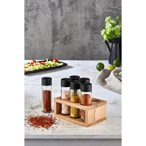Ahşap Standlı 6'lı Cam Baharatlık Seti - Tuzluk Biberlik Baharatlık