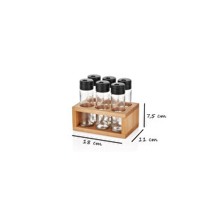 Ahşap Standlı 6'lı Cam Baharatlık Seti - Tuzluk Biberlik Baharatlık