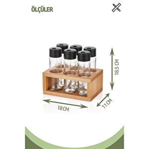 Ahşap Standlı 6'lı Cam Baharatlık Seti - Tuzluk Biberlik Baharatlık