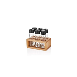 Ahşap Standlı 6'lı Cam Baharatlık Seti - Tuzluk Biberlik Baharatlık