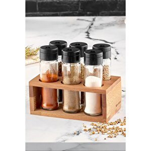 Ahşap Standlı 6'lı Cam Baharatlık Seti - Tuzluk Biberlik Baharatlık