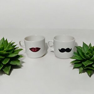 3d Bıyık Ve Dudak Desenli 2'li Kupa Seti - Kadın Ve Erkek Temalı Kupa Bardak
