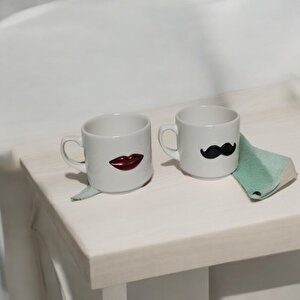 3d Bıyık Ve Dudak Desenli 2'li Kupa Seti - Kadın Ve Erkek Temalı Kupa Bardak