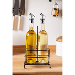 750 Ml 2'li Cam Yağdanlık Seti - Metal Standlı Zeytinyağı Ve Sıvı Yağ Şişesi Yağlık